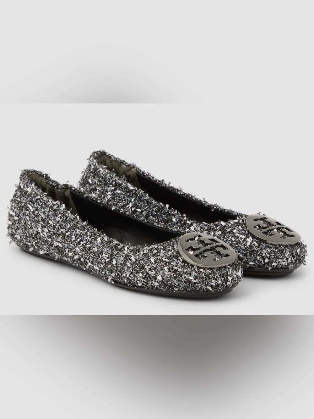 Tory Burch Silver Tweed Logo Ballet Flats